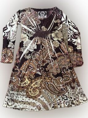 E68 Treasure Rock Brown Paisley Boho Empire Waist Dress, Size L